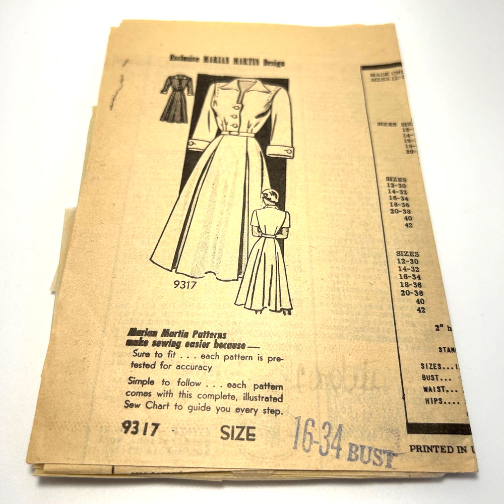 Marian Martin‎ Vintage 1940's Mail Order Pattern #9317 Women's Dress Size 16 HTF
